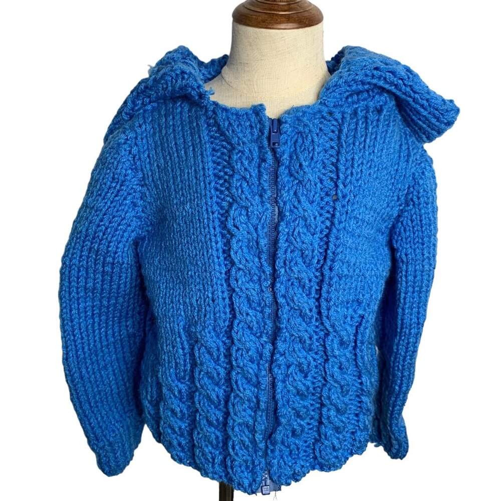 Vintage Handmade Toddler 4T Blue Cable Knit Hooded Cardigan Sweater Full Zipper